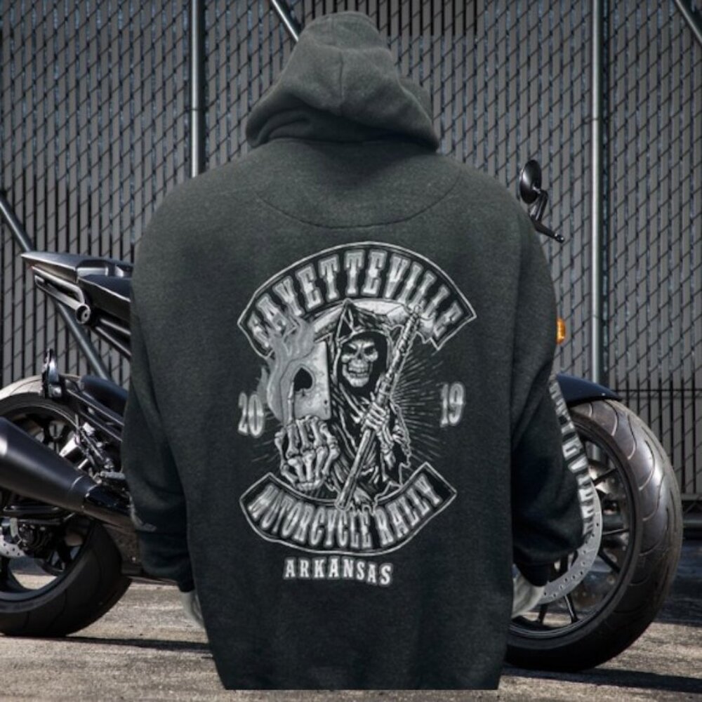 Fayetteville Arkansas Motorcycle Rally 2019 Gray Hoodie Grim Reaper W/Ace 5XL